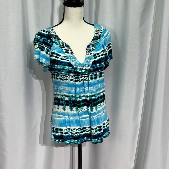 AB Studio Blue, Aqua, Green, Black and White Flutter Sleeve Top - size Small - Picture 2 of 11